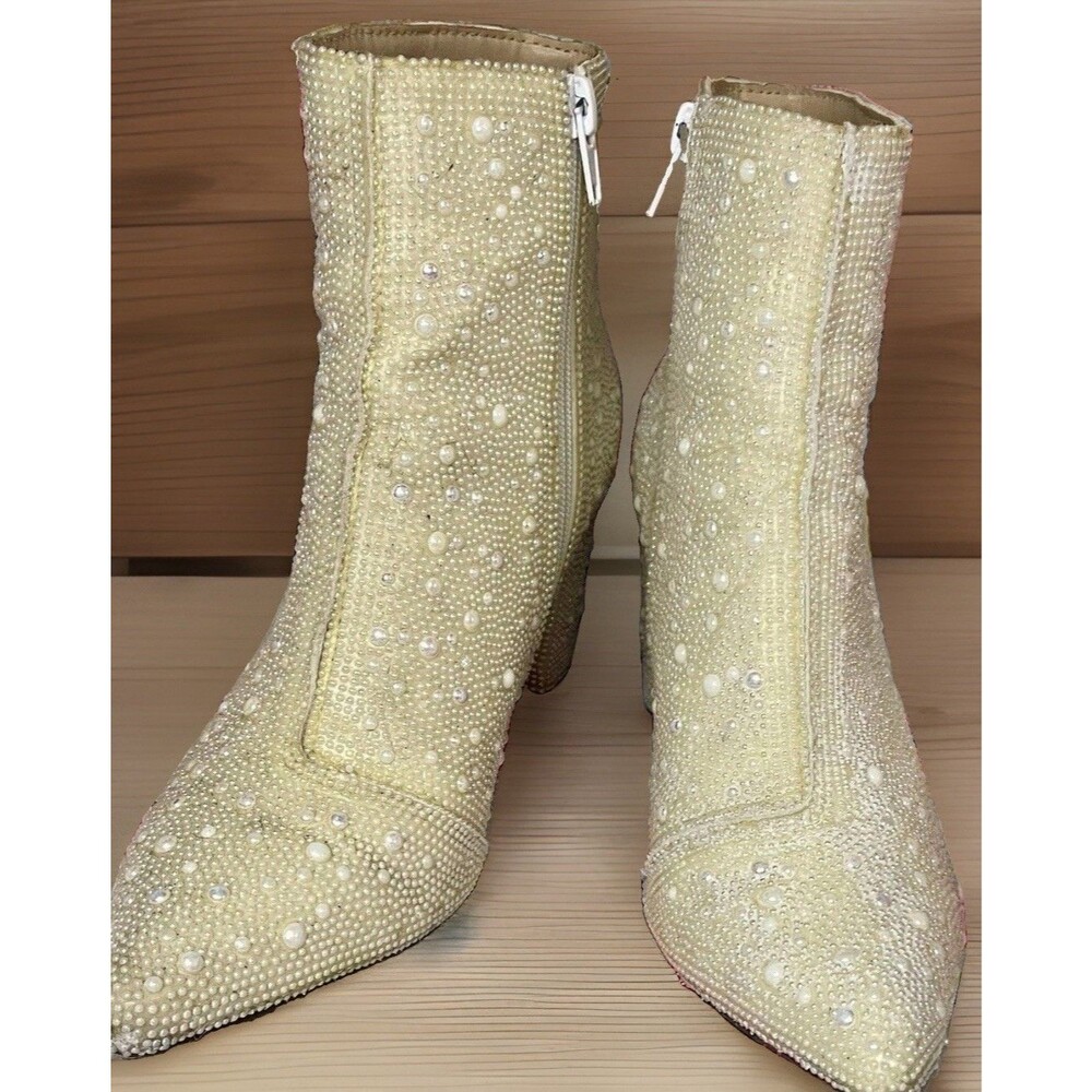 Pearl Rhinestone Bridal Ankle Booties Ivory Block Heel Wedding Boots Size 6.5